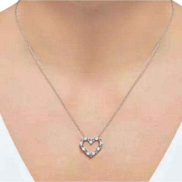 New Created Opal and white saphire Heart Pendant Necklace in Sterling Silver - Picture 4 of 4